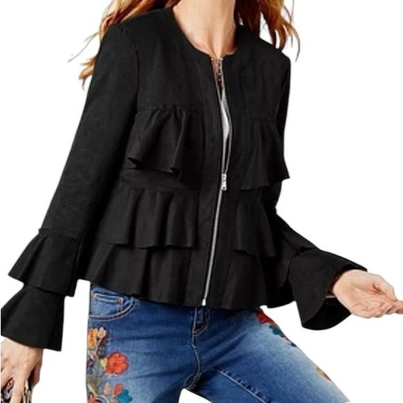 INC International Concepts Jackets & Blazers - INC International Concepts Black Faux Suede Tiered Ruffle Jacket M Bell Sleeves
